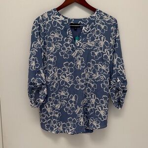 NWT Fortune + Ivy Tulsa Floral Blue and White Blouse M Stitch Fix 3/4 sleeve